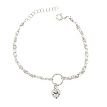 Bracciale 2 fili maglia groumette puntini diamantati con tondo e cuore bombato centrale placcato oro bianco in argento 925