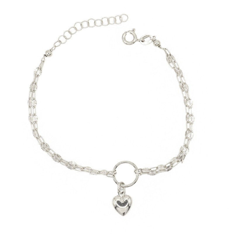 Bracciale 2 fili maglia groumette puntini diamantati con tondo e cuore bombato centrale placcato oro bianco in argento 925