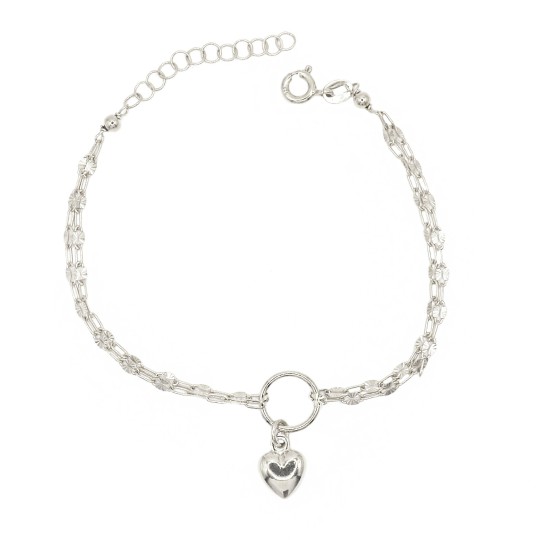 Bracciale 2 fili maglia groumette puntini diamantati con tondo e cuore bombato centrale placcato oro bianco in argento 925