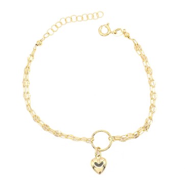 Bracciale 2 fili maglia groumette puntini diamantati con tondo e cuore bombato centrale placcato oro giallo in argento