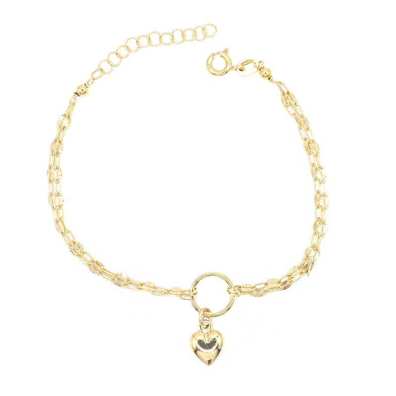 Bracciale 2 fili maglia groumette puntini diamantati con tondo e cuore bombato centrale placcato oro giallo in argento