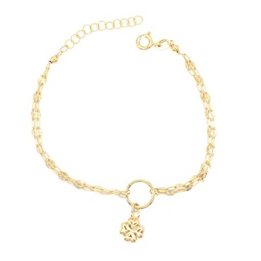 Bracciale 2 fili maglia groumette puntini diamantati con tondo e quadrifoglio  bombato centrale placcato oro giallo in argento