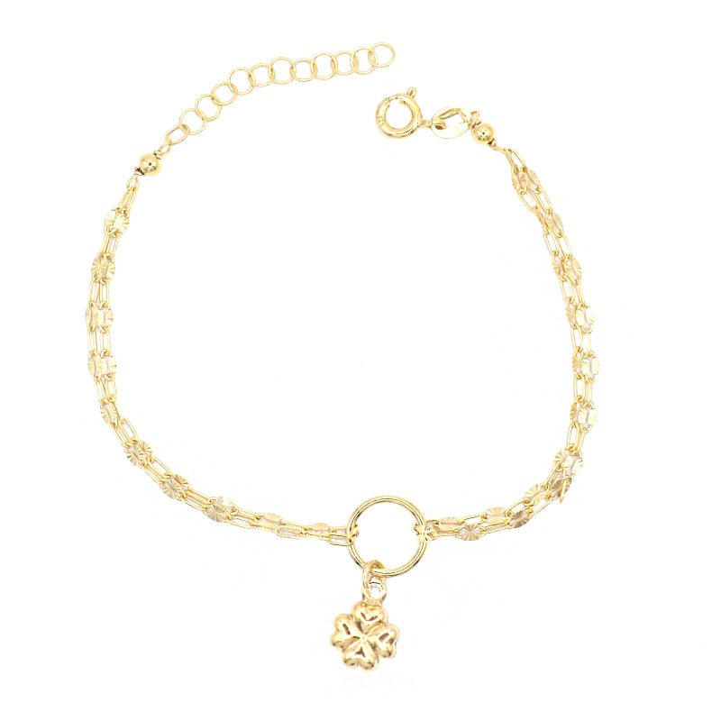 Bracciale 2 fili maglia groumette puntini diamantati con tondo e quadrifoglio  bombato centrale placcato oro giallo in argento