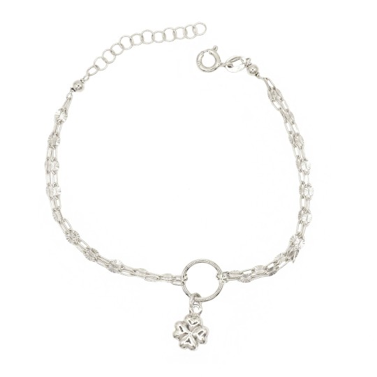 Bracciale 2 fili maglia groumette puntini diamantati con tondo e quadrifoglio  bombato centrale placcato oro bianco in