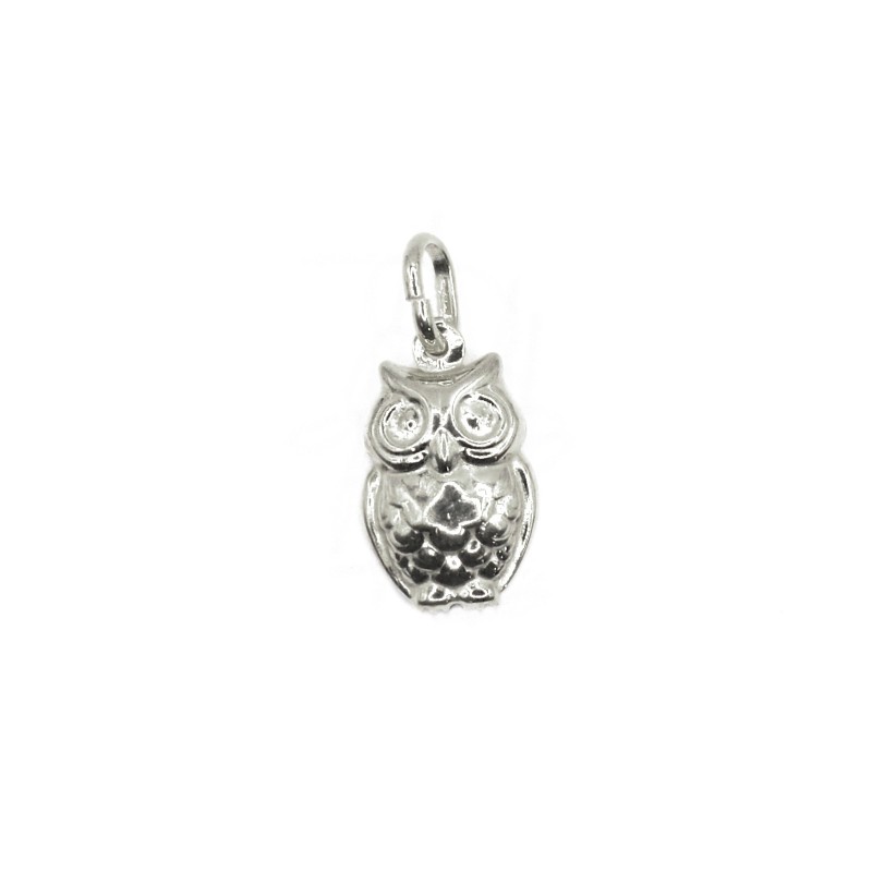 Paired and engraved white gold plated owl pendant in 925 white silver