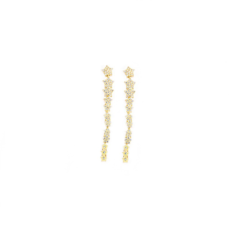 Pendant earrings with degradè stars with white zircon pavé yellow gold plated in 925 silver