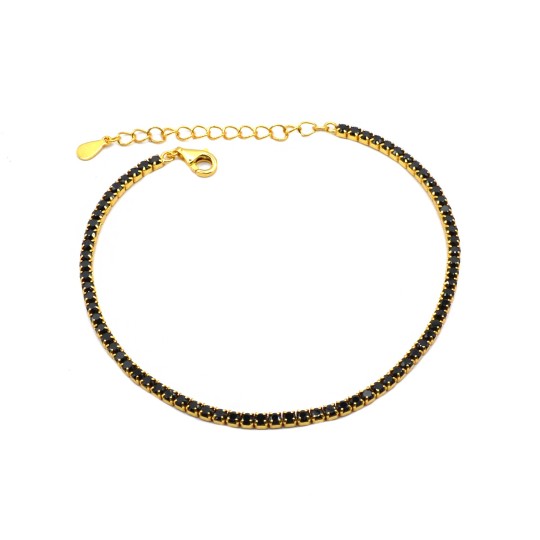 Bracciale tennis di zirconi neri 2mm placcato oro giallo in argento 925