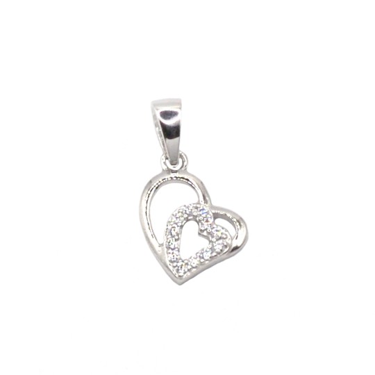 Ciondolo sagoma doppio cuore liscio e zirconato bianco placcato oro bianco in argento 925