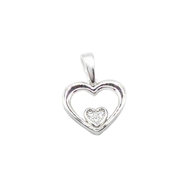 Ciondolo sagoma doppio cuore liscio e zirconato bianco placcato oro bianco in argento 925