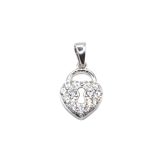 Ciondolo lucchetto a cuore zirconato bianco placcato oro bianco in argento 925