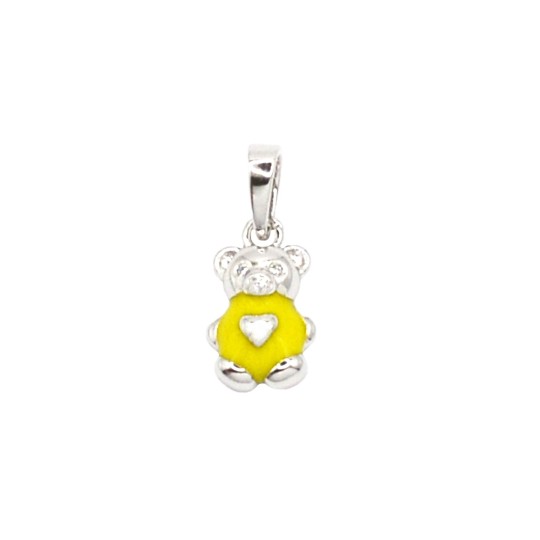 Ciondolo orsetto smaltato giallo con zirconi bianchi placcato oro bianco in argento 925