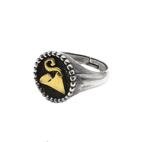 Anello regolabile liscio in contorno puntinato a scudo tondo in argento 925 con Vesuvio in bronzo