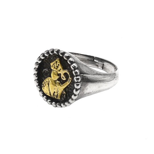 Anello regolabile liscio in contorno puntinato a scudo tondo in argento 925 con San Gennaro in bronzo