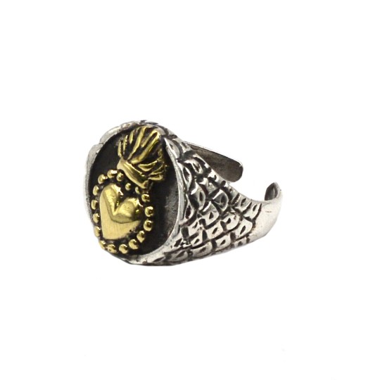 Anello regolabile squamato a scudo tondo in argento 925 con cuore sacro in bronzo