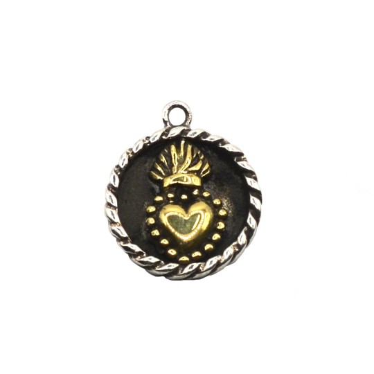 Ciondolo tondo con cornice intreccio in argento 925 con cuore sacro in bronzo