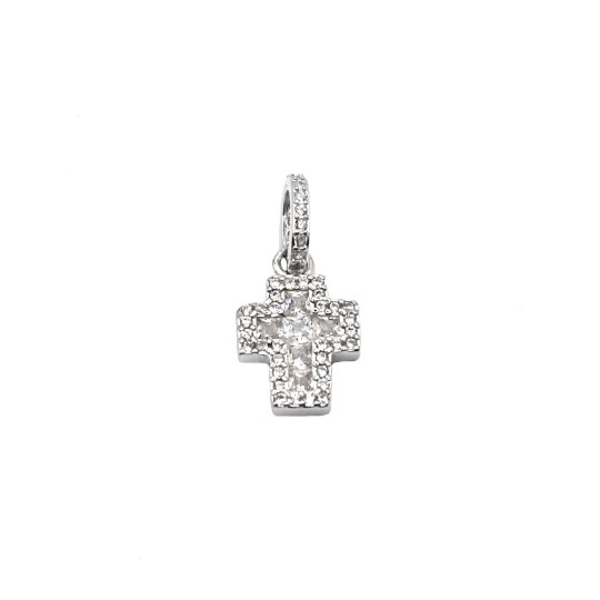 Ciondolo croce zirconata bianca con centrale di baguette bianche con contromaglia zirconata placcato oro bianco in argent
