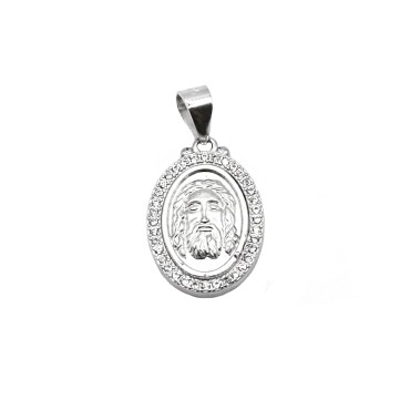 Ciondolo medaglia con cristo in cornice di zirconi bianchi placcato oro bianco in argento 925