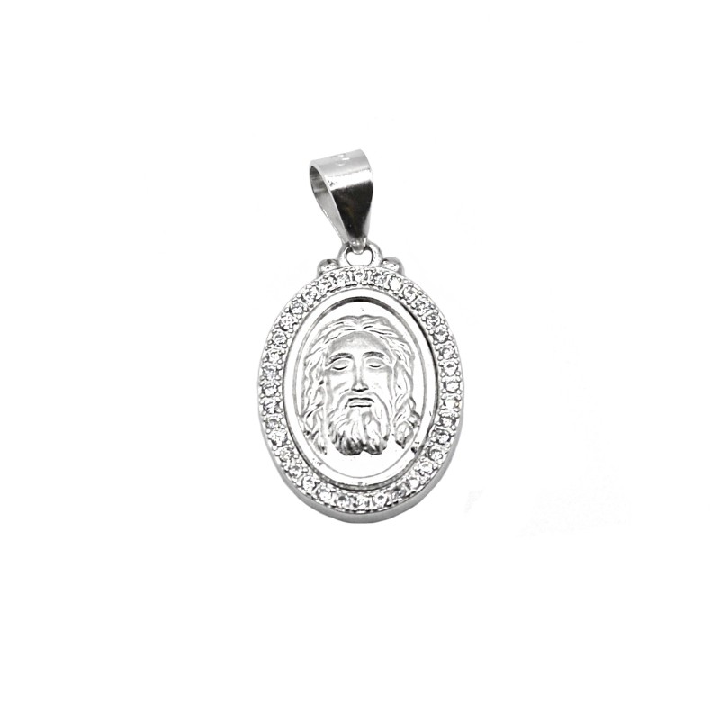 Ciondolo medaglia con cristo in cornice di zirconi bianchi placcato oro bianco in argento 925