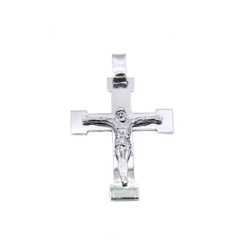 Ciondolo croce a lastra con cristo microfuso placcato oro bianco in argento 925