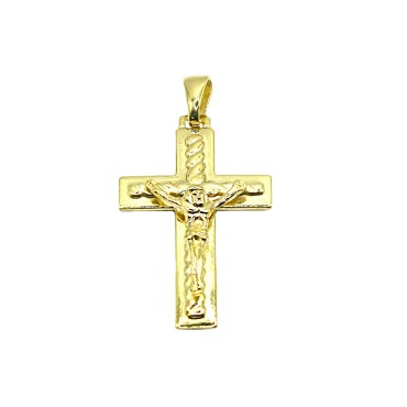 Ciondolo croce a lastra con dettagli a corda e con cristo microfuso placcato oro giallo in argento 925