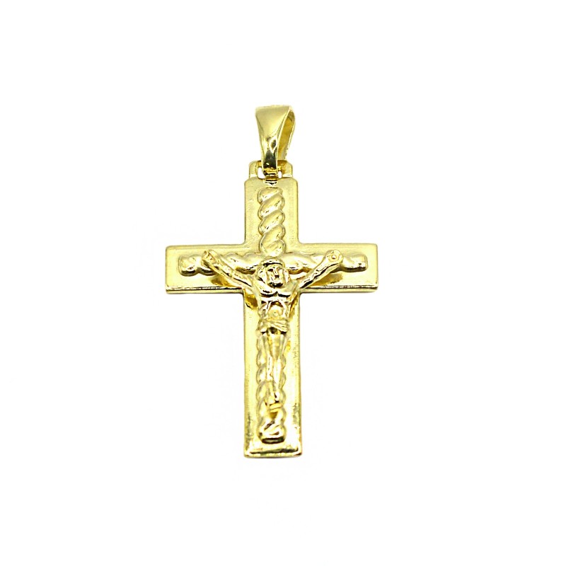 Ciondolo croce a lastra con dettagli a corda e con cristo microfuso placcato oro giallo in argento 925