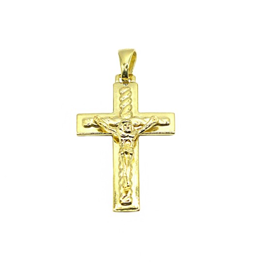 Ciondolo croce a lastra con dettagli a corda e con cristo microfuso placcato oro giallo in argento 925