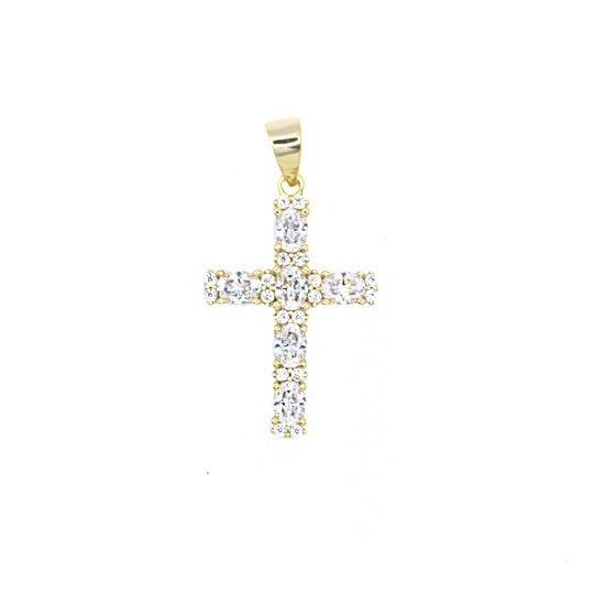Ciondolo croce zirconata con pietre ovali bianchi placcato oro bianco in argento 925