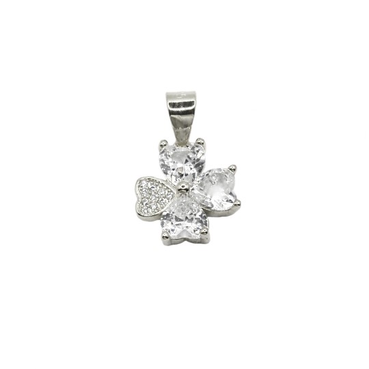 Ciondolo quadrifoglio con tre petali di pietra nuda bianca e un petalo zirconato placcato in oro bianco in argento 925