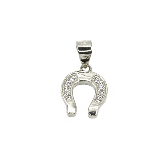 Ciondolo ferro di cavallo zirconato bianco con centrale e terminali lisci placcato oro bianco in argento 925