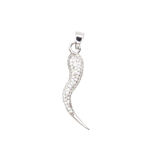 Ciondolo corno zirconato bianco con punta liscia placcato oro bianco in argento 925