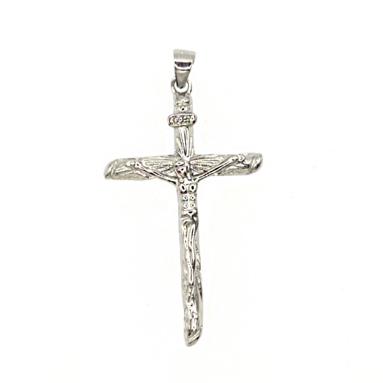 Ciondolo croce tubolare con cristo microfuso placcato oro bianco in argento 925