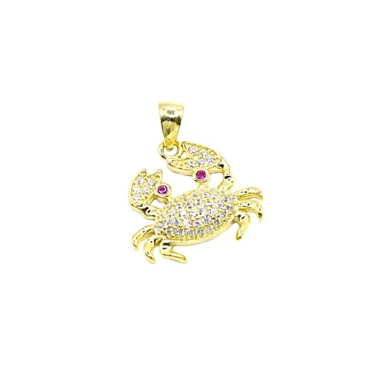 Ciondolo granchio zirconato bianco con occhi di zircone rosso placcato oro giallo in argento 925