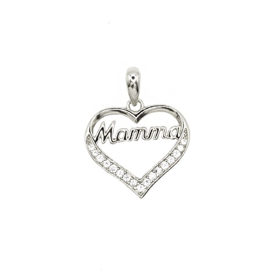 Ciondolo sagoma cuore semi zirconato bianco con scritta mamma placcato oro bianco in argento 925