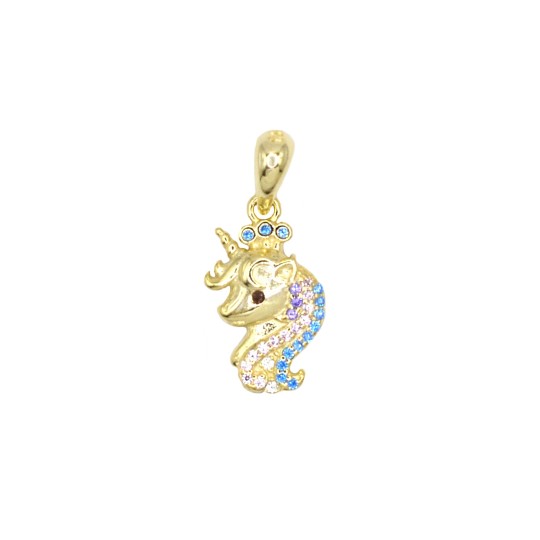 Ciondolo testa di unicorno semizirconato multicolor placcato oro giallo in argento 925