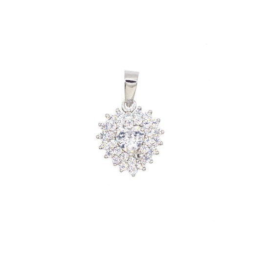 Ciondolo con zircone a cuore bianco in doppia cornice di zirconi bianchi placcato oro bianco in argento925