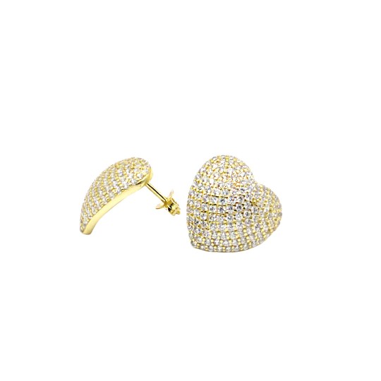 Yellow gold plated white zircon pavé heart lobe earrings in 925 silver