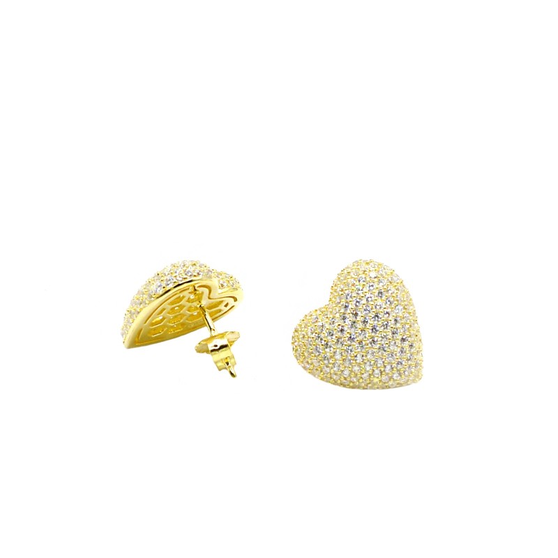 Yellow gold plated white zircon pavé heart stud earrings in 925 silver