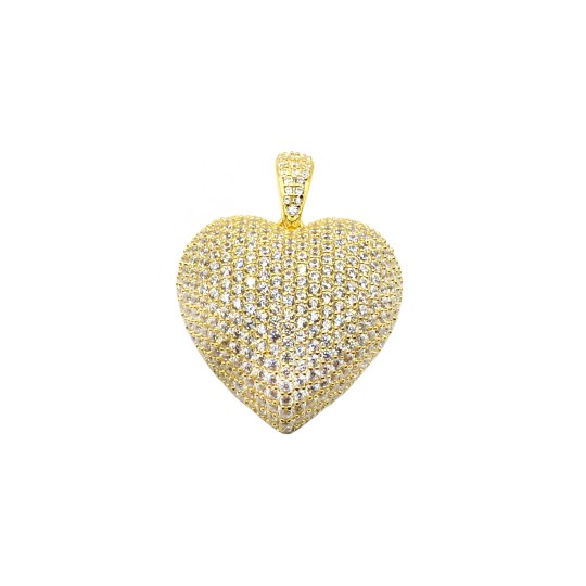 Ciondolo cuore bombato a pavè di zirconi bianchi con retro traforato placcato oro giallo in argento 925