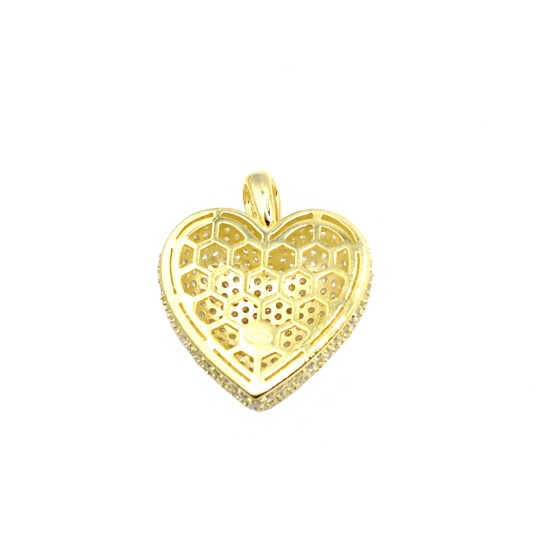 Ciondolo cuore bombato a pavè di zirconi bianchi con retro traforato placcato oro giallo in argento 925