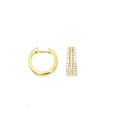 Hoop earrings ø 15 mm with three front rows of white zircons and yellow gold plated snap clasp in 925 silver