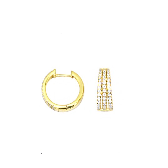 Orecchini a cerchio da ø 15 mm con con tre file anteriori di zirconi bianchi e chiusura a scattino placcati oro giallo in argent