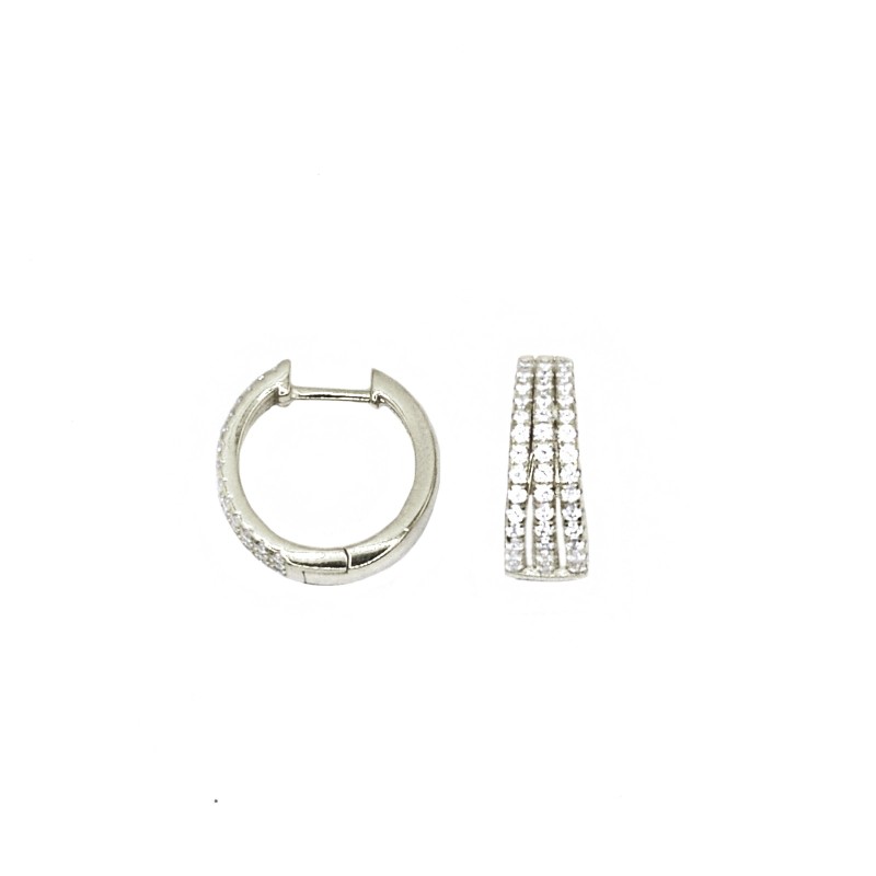 Hoop earrings ø 15 mm with three front rows of white zircons and yellow gold plated snap clasp in 925 silver