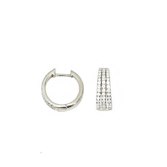 Orecchini a cerchio da ø 15 mm con con tre file anteriori di zirconi bianchi e chiusura a scattino placcati oro giallo in argent