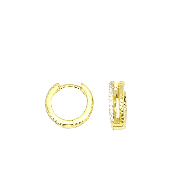Hoop earrings ø 15 mm with three front rows of white zircons and yellow gold plated snap clasp in 925 silver