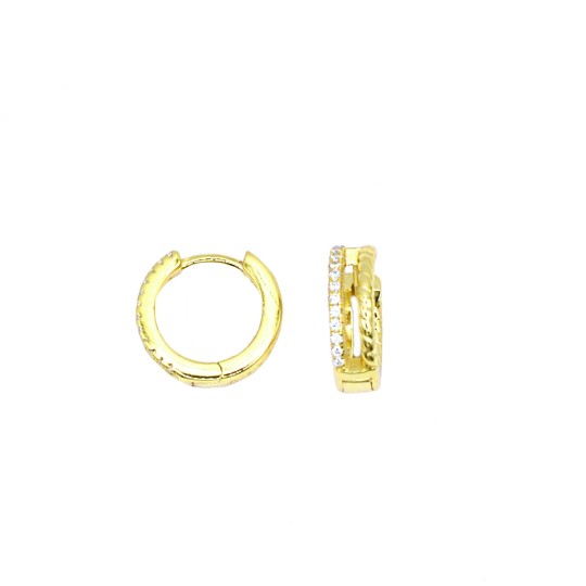 Orecchini a cerchio da ø 15 mm con con tre file anteriori di zirconi bianchi e chiusura a scattino placcati oro giallo in argent