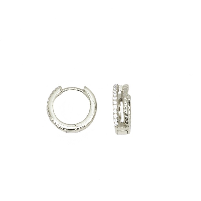 Hoop earrings ø 15 mm with three front rows of white zircons and yellow gold plated snap clasp in 925 silver