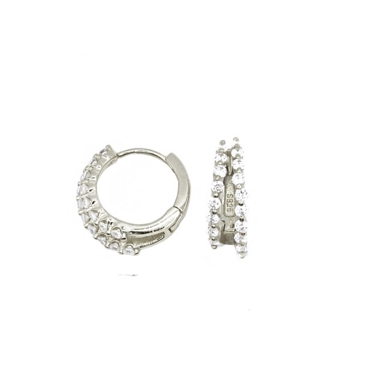Orecchini a cerchio da ø 15 mm con con tre file anteriori di zirconi bianchi e chiusura a scattino placcati oro giallo in argent