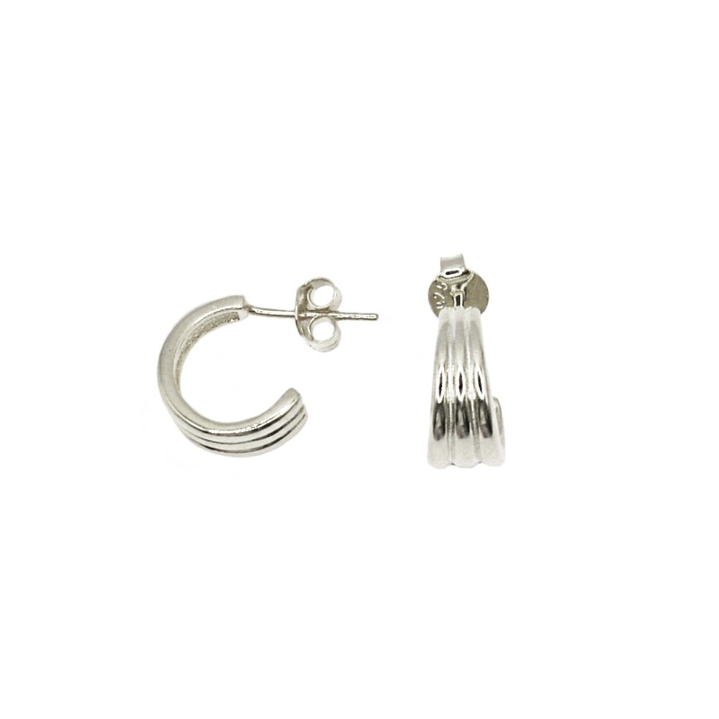 Orecchini a cerchio da ø 15 mm con con tre file anteriori di zirconi bianchi e chiusura a scattino placcati oro giallo in argent