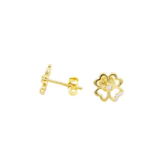 Orecchini a lobo quadrifoglio traforato semi zirconato bianco placcati oro giallo in argento 925