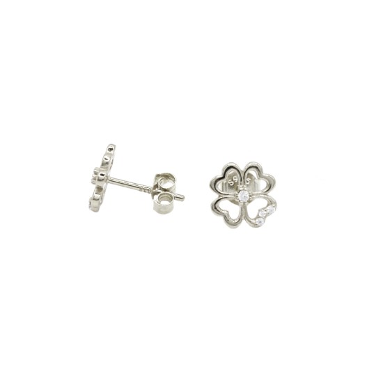 Orecchini a lobo quadrifoglio traforato semi zirconato bianco placcati oro bianco in argento 925